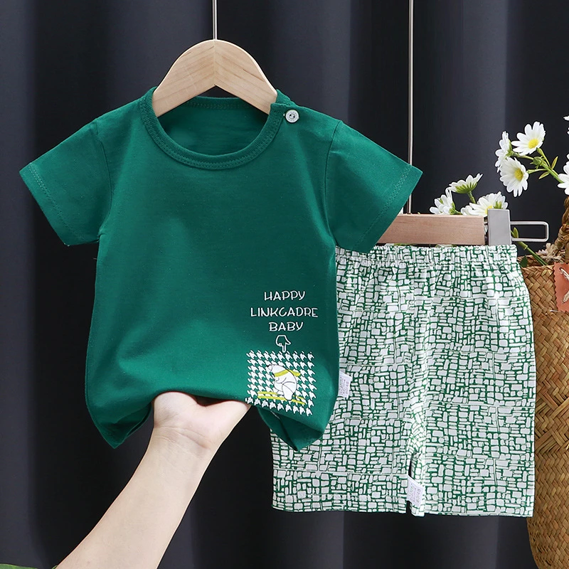 0-5Y Baby Boys Girls 2PCS Summer Outfit Cotton Short Sleeve T-shirt + Plaid Shorts Casual Kids Clothes Set