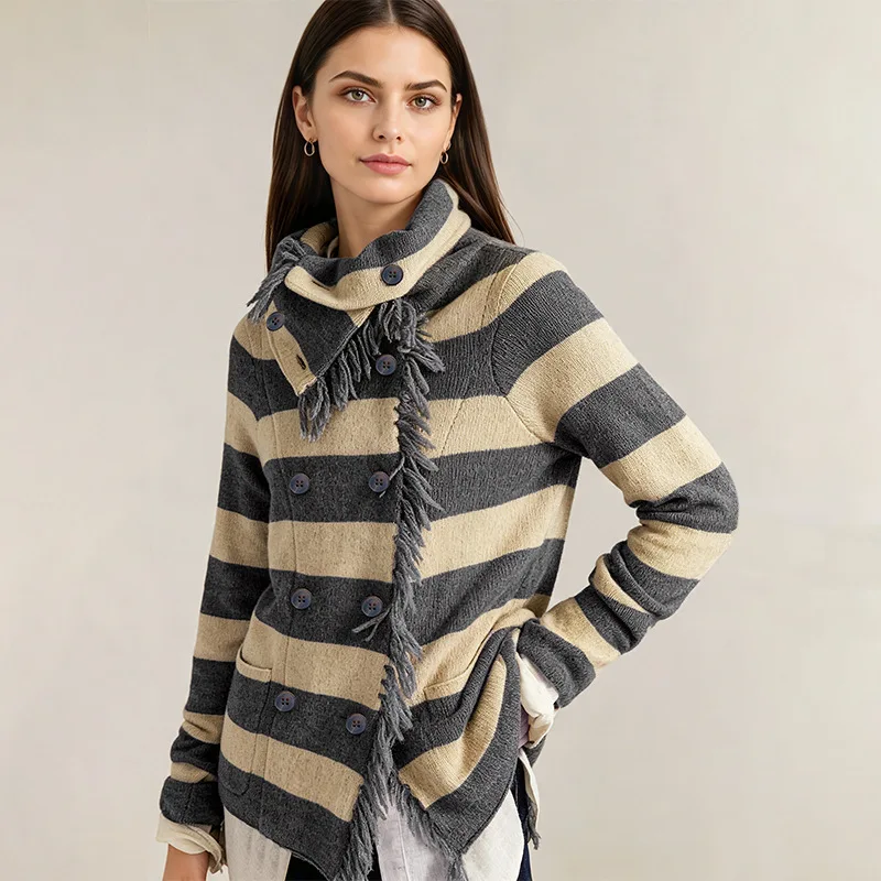 Single Breasted Long Sleeve Polo Collar Sweater Spring Trend Chic Knitted Tops Women Fashion Striped Knitted Cardigan