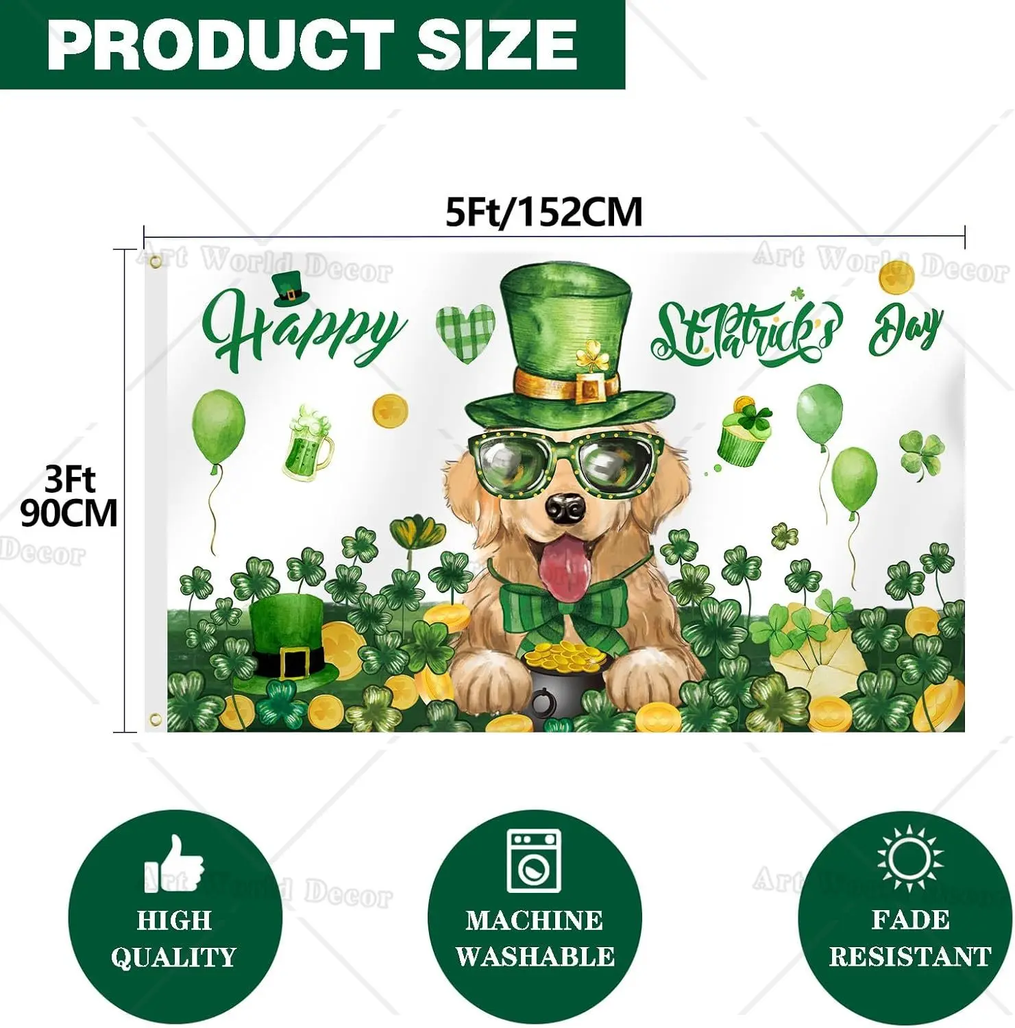 Golden Retriever Happy St Patricks Day Flag 3x5 Ft Spring Irish Shamrock Clovers Dog Flag Saint Patrick Holiday Flag for Yard