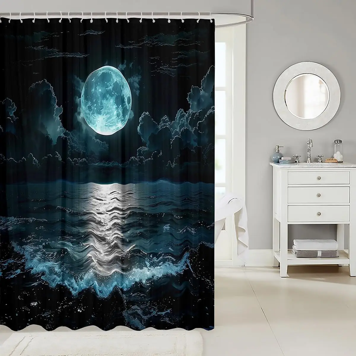 Dramatic Cosmic Moon Ocean Shower Curtain Waterproof Aesthetic Bathroom Decor Galaxy Night Scene Curtains