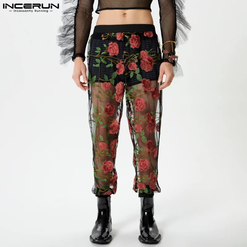 

INCERUN 2024 Men Pants Mesh Patchwork Transparent Sexy Elastic Waist Trousers Men Streetwear Embroidery Fashion Pantalon S-5XL