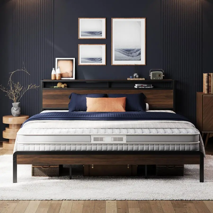 

Каркас двуспальной кровати с изголовьем, Camas King из темного дерева с прочными опорой, прочный, без шума, без коробчатой пружины, темный орех