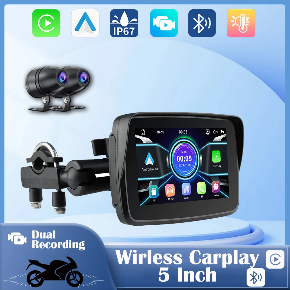 Motorcycle GPS Dual Cameras DVR Monitor Wireless Carplay Android Auto 5inch IPX7 SYX MTC10