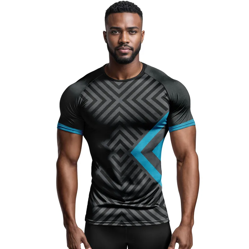 Men's Breathable High-Elasticity Tight-Fitting Sports Short Sleeve Printed fitness quick-dry top for sports wear