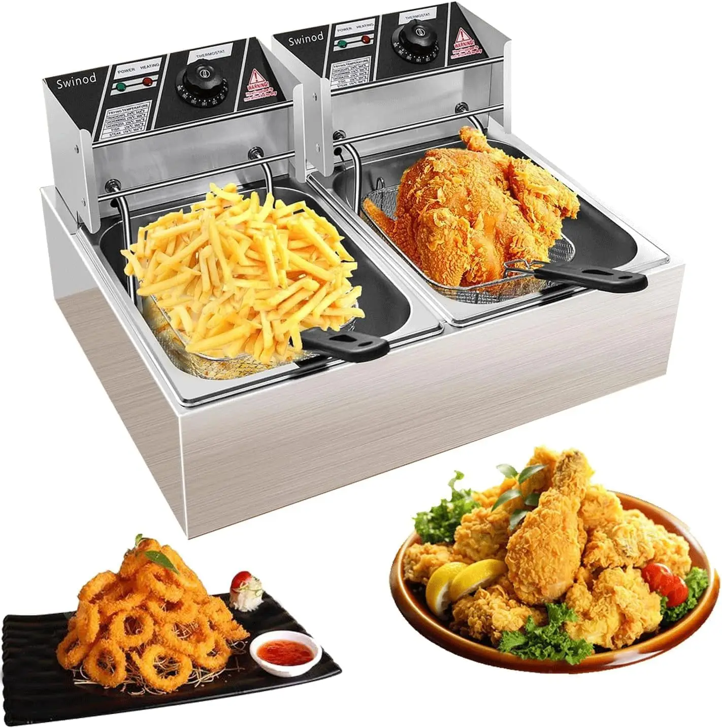 Commercial Deep Fryer with Baskets 3400W 12.7QT Thickened Stainless Steel Countertop Electric Oil Fryer with Temperature Control