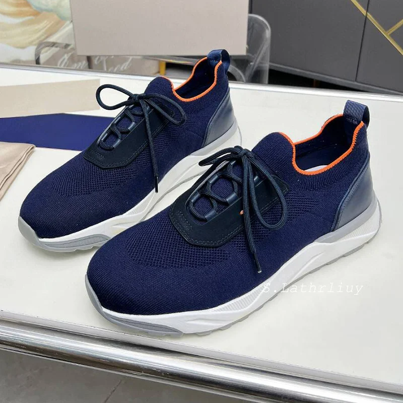 Mixed Color Lace Up Flat Shoes Men's Summer Knitting Breathable Sneakers Comfort Casual Shoes Thick Sole Non-slip Running Shoes