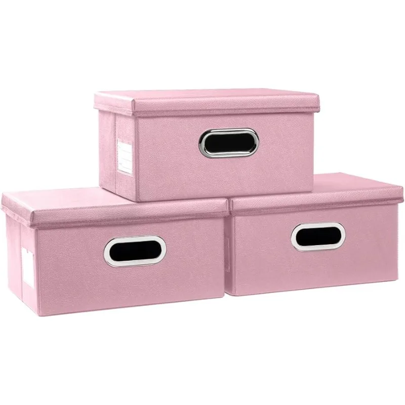 

Collapsible Storage Box with Lid [3-Pack] Leather Fabric Foldable Storage Bin Organizer Container Basket Cube with Cover for Hom