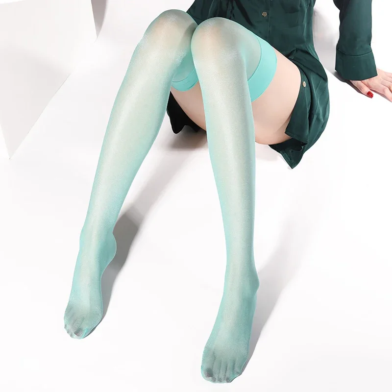 Mint Green Oil Shiny Silk Stockings 12D Glitter Thigh High Stockings Women Sexy Lingerie Ultra Thin Transparent Medias