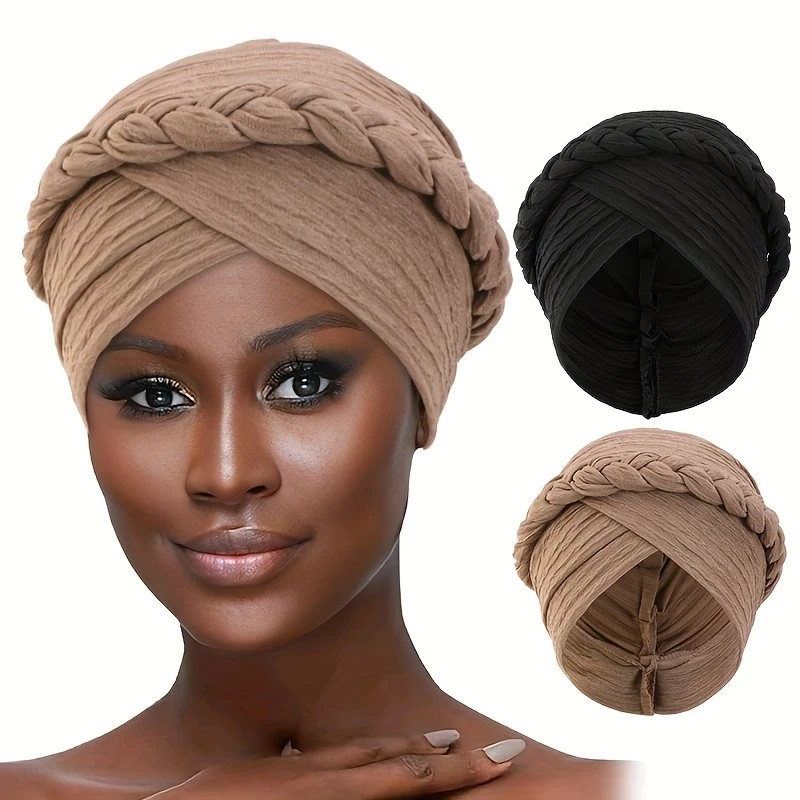 2pcs Set  Solid Color Thickened Pleated Twist Headscarf Hat Bohemian Turban Indian Ethnic Elastic Headwrap Stretchy Chemo Beanie