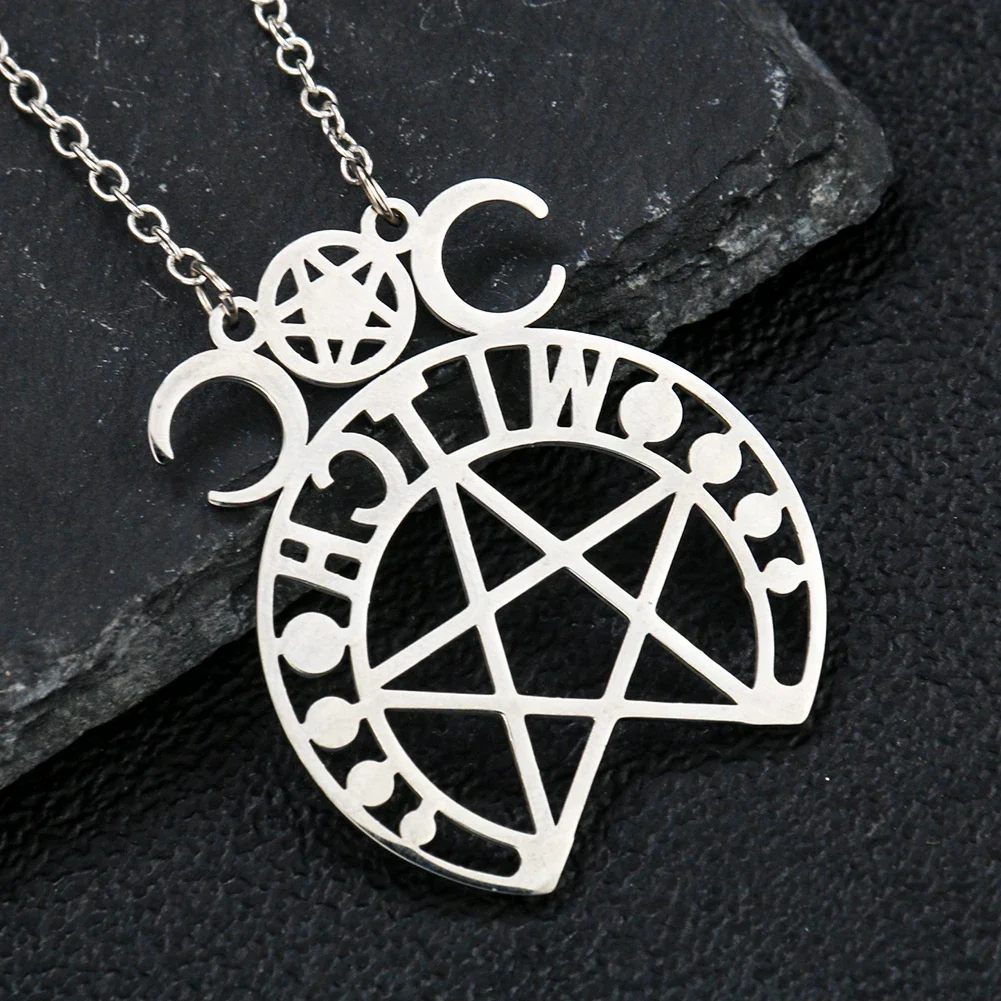 Silver Color Moon Phase Goddess Wizard Necklace Stainless Steel Pentagram Star Pendant Unisex Sweater Yoga Meditation Jewelry