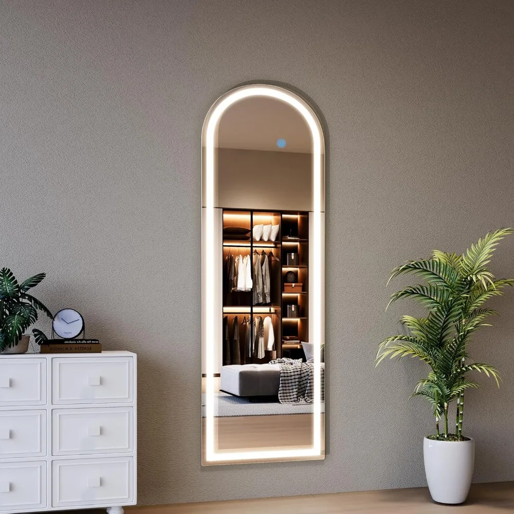 Espelho de chão de comprimento total com luzes reguláveis, 3 modos de cores, design arqueado, em pé, espelho corporal 63x20