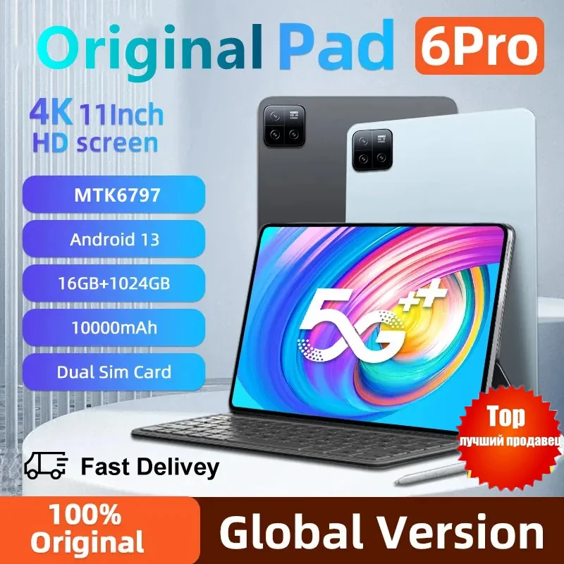 2024 Global Pad 6 Pro Tablet Android 13 16GB 1TB Dual SIM MTK6797 10 Core WPS GPS Bluetooth 5G Network Phone Call Mi Tablet PC