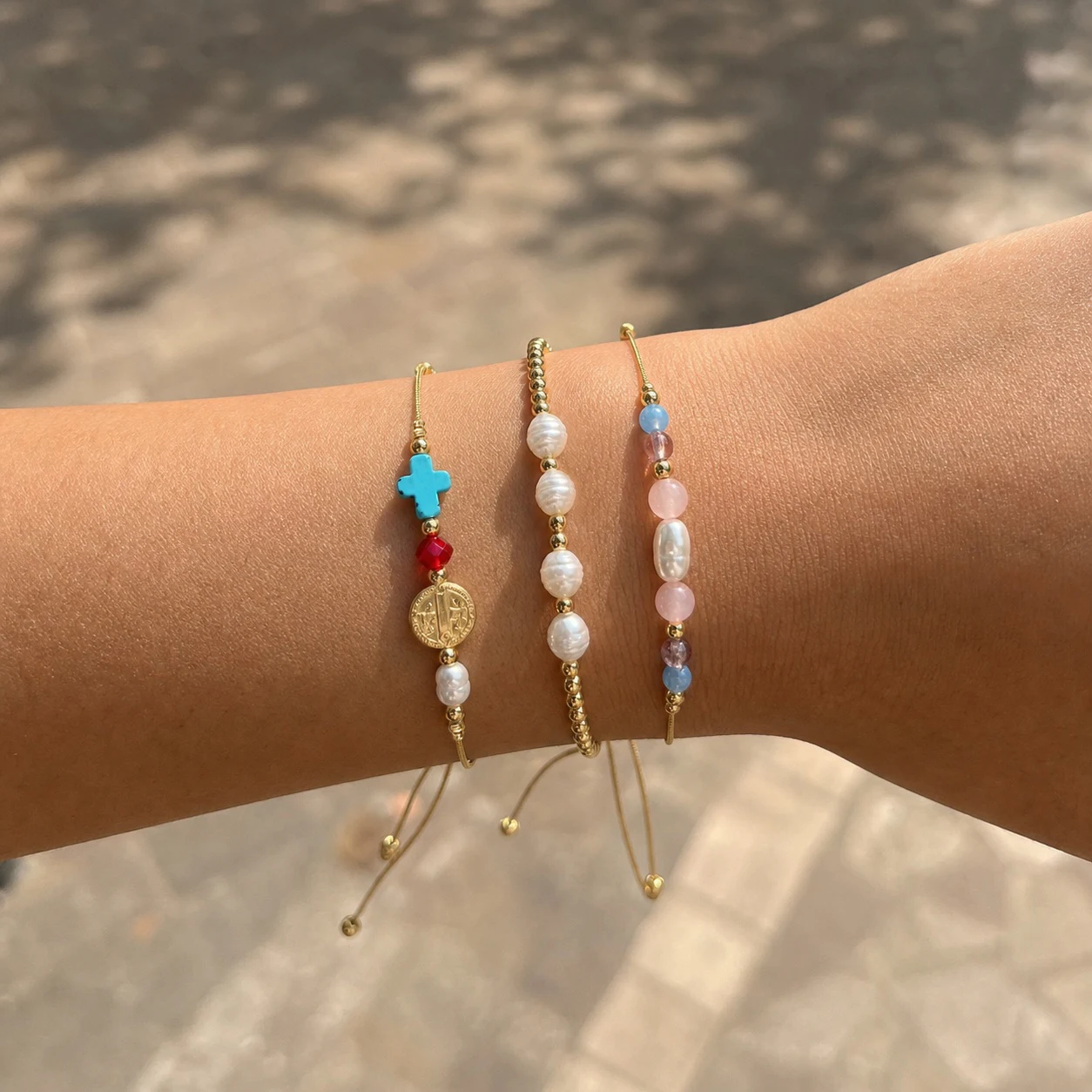 3pcs Adjustable Gold Tone Copper Chain Bracelet Set with Simulated Baroque Pearls Cross and Color Beads for Women Sweet Romantic
