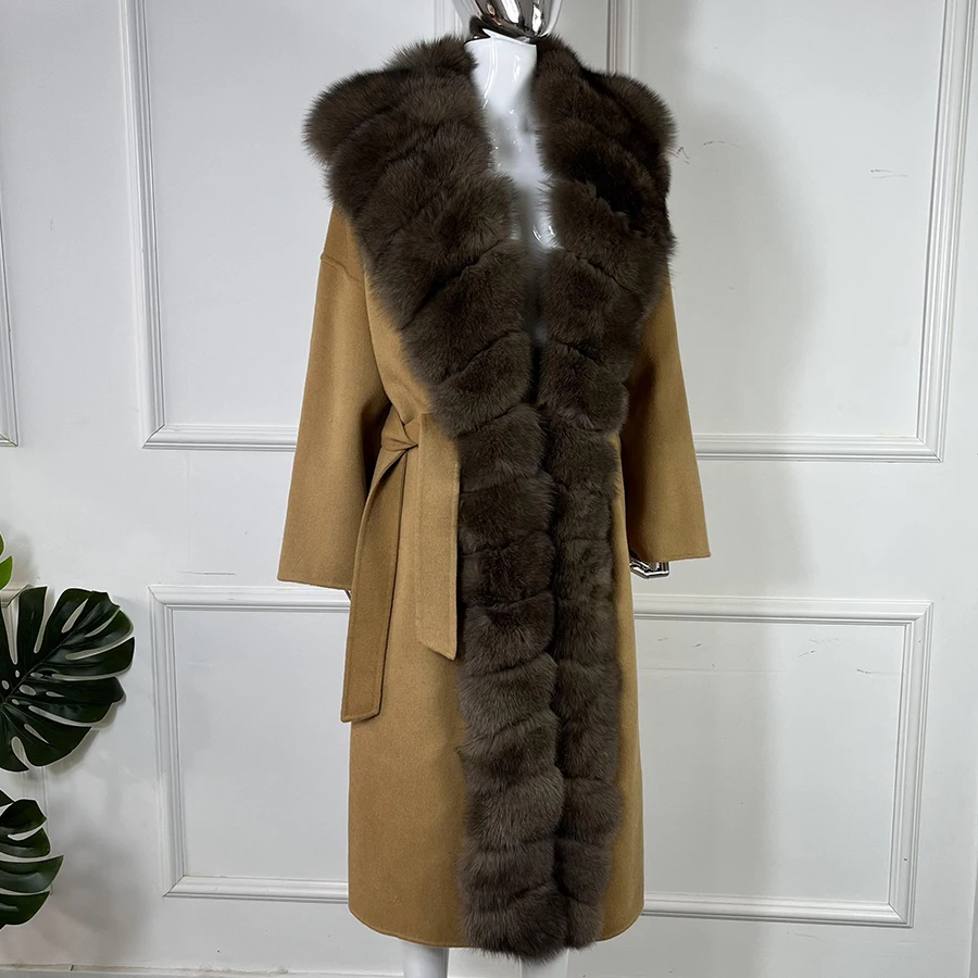 

Women's Real Fur Coat Long Cashmere Wool Coat Winter Natural Fox Fur Coat Best Selling Luxury