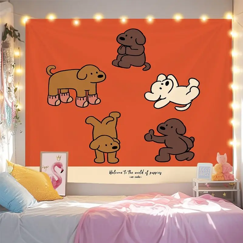 VIKAMA Orange Bottom Simple Cartoon Puppy Tapestry Cute Dog Background Cloth Ins Dormitory Decoration Tapestry Room Decoration