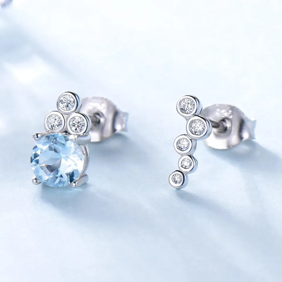 

Asymmetric Earrings for Women Sky Blue White Round Cubic Zirconia 925 Sterling Silver Stud Earrings