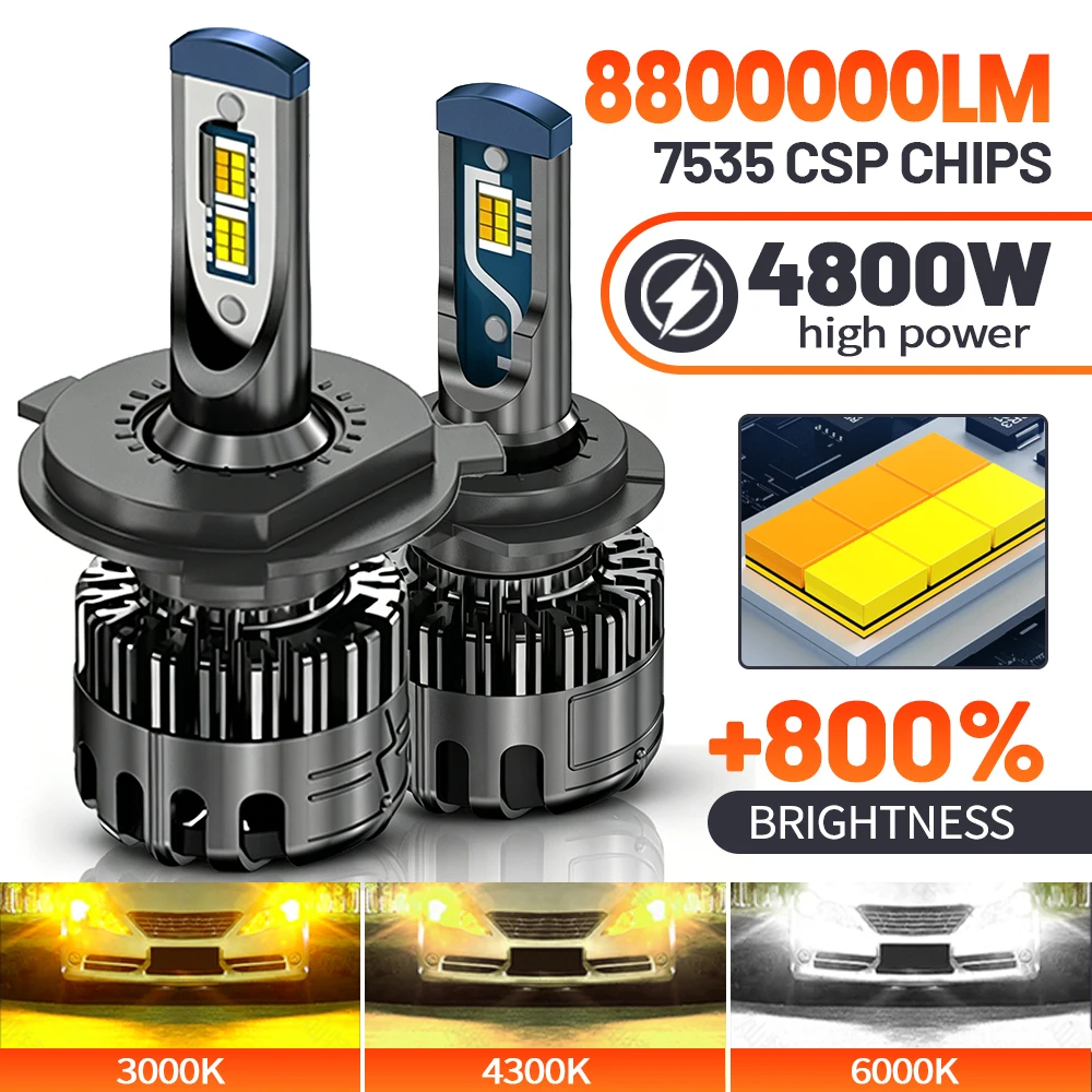 

4800W 8800000LM H4 H7 Tricolor Control LED Headlights H1 H11 HB3 9005 HB4 9006 6000K 4300K 3000K For Car Headlights Lights 12V