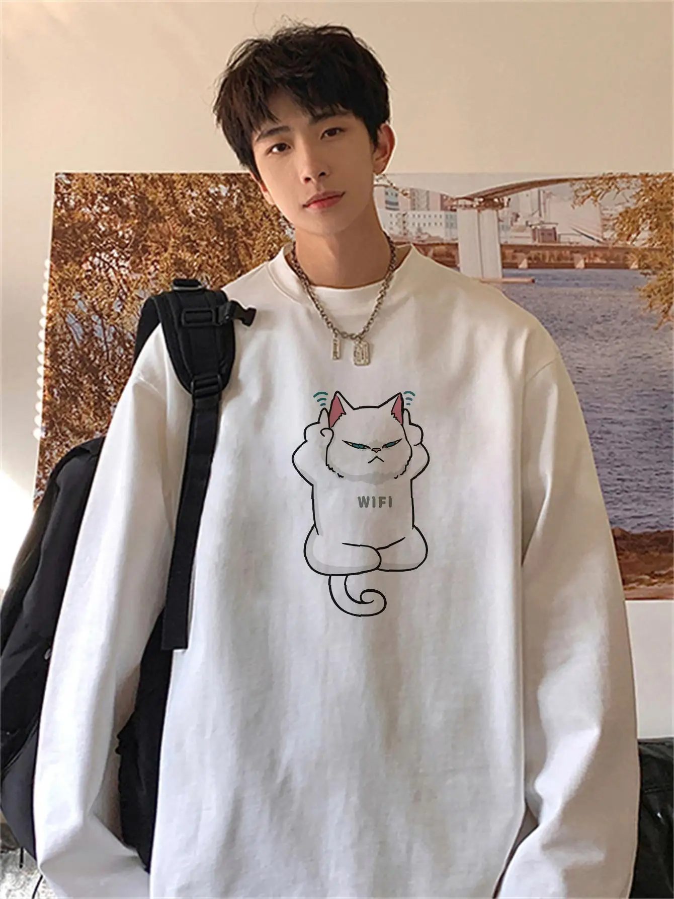 Funny Wifi Cat Men Cartoon Print T-shirts Long Sleeve Quality Cotton Tops Unisex Clothing New Brand Male Tees Oversize Kpop