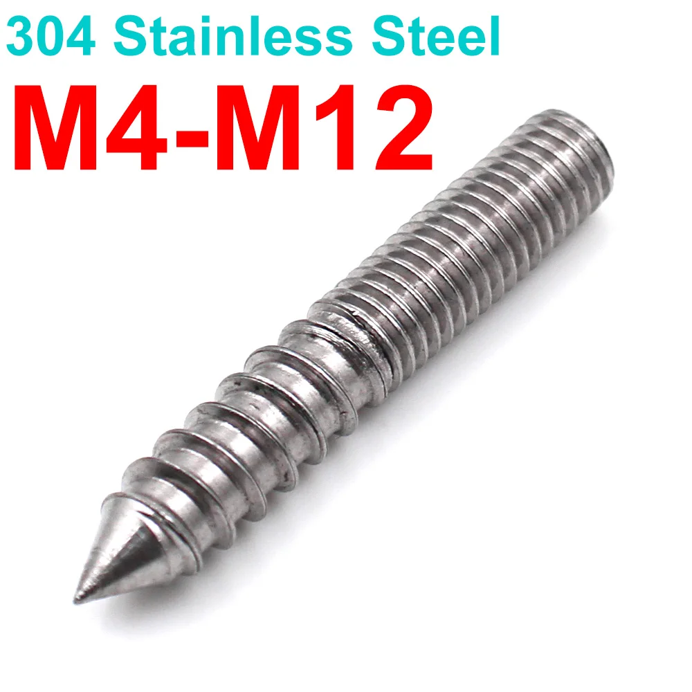 304 Stainless Steel Hex Socket Double Ended Self Tapping Screws Pointed Tip Hanger Bolts M4 M5 M6 M8 M10 M12
