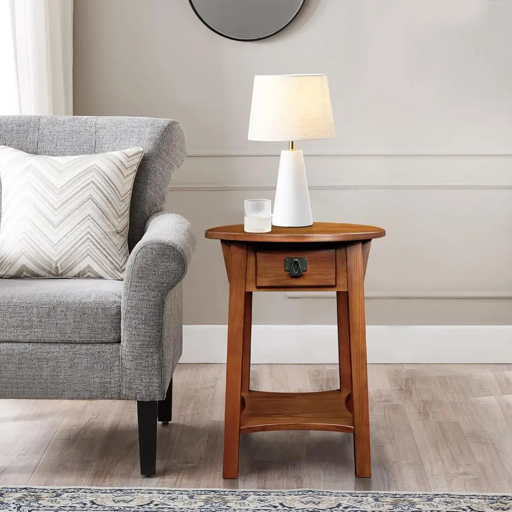 Round Solid Wood Storage End Table, 18 Diameter, 24 High, Russet Finish, Suitable for Living Room or Bedroom, Easy Assembly