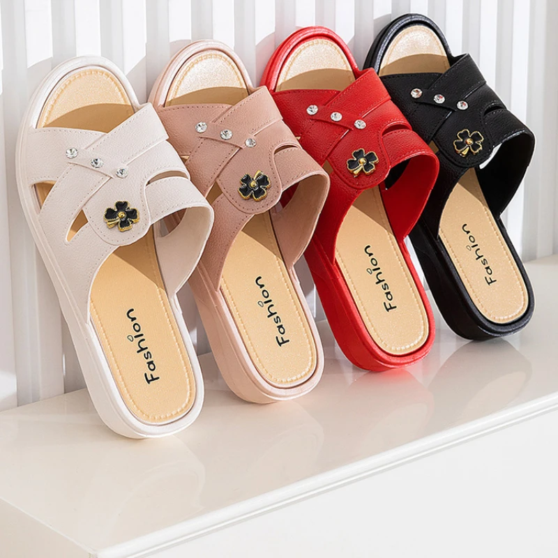 Women Shoes Summer Slippers Women Wear Outside Thick Sole Wedge Heels Fashion Slippers Soft Bottom Mother Shoes Zapatos De Mujer