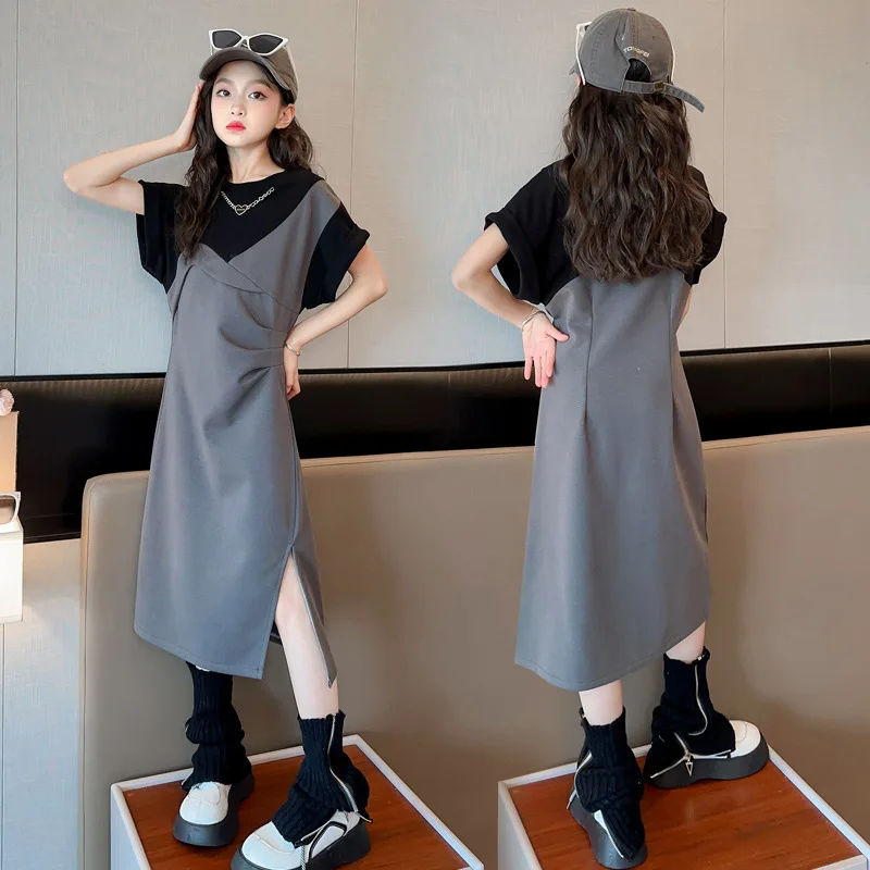 2025 الكورية الصيف المراهقات فتاة فستان من قطعة واحدة الأطفال فتاة التباين فستان مستقيم فساتين الاطفال فستان أنيق لفتاة