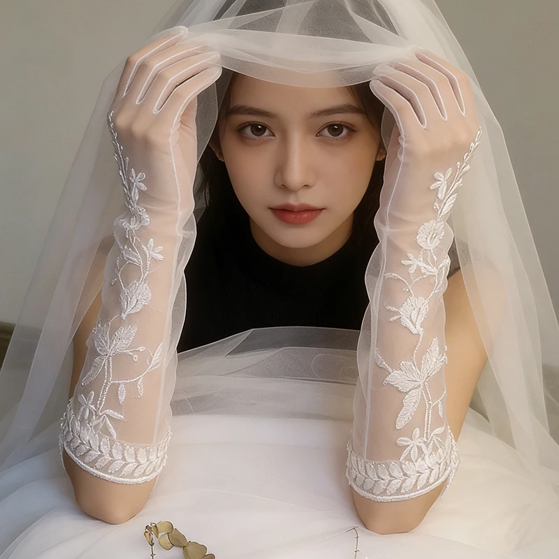 40CM Women Sheer White Lace Bridal Gloves Elegant Long Tulle Embroidered Floral Wedding Thin Luxury Retro Music Festival