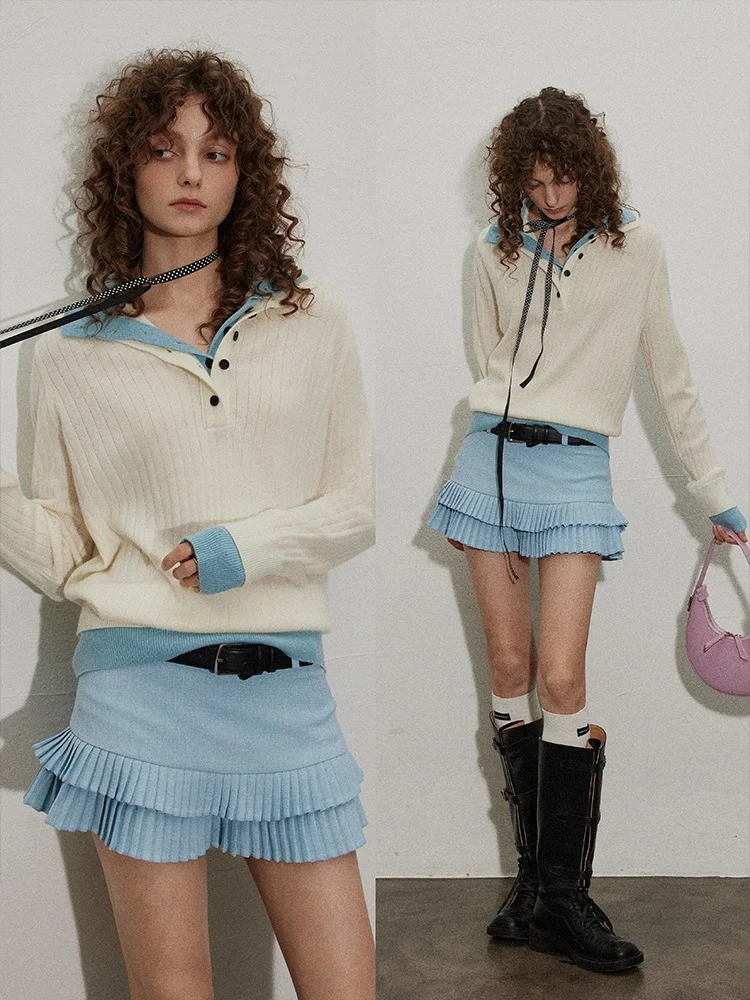 

BMLT Wool Blend Knitwear Casual Overhead Women's Top f Open Design Two Layer Collar Splicing Sle ort Length Long Sve