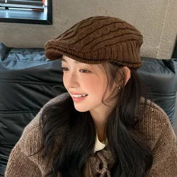 Hot Short Eave Autumn Winter Knitted Yarn British Retro Style Versatile Forward Hat women's Ear Protection Warm Plush Beret