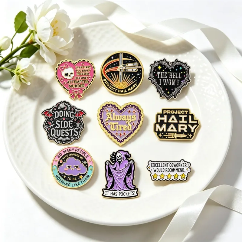 Humor Quote Enamel Pin Skull Grim Reaper Heart Cloud Dragon Space Motif Lapel Brooch Backpack Hat Clothes Decor Gift Accessories