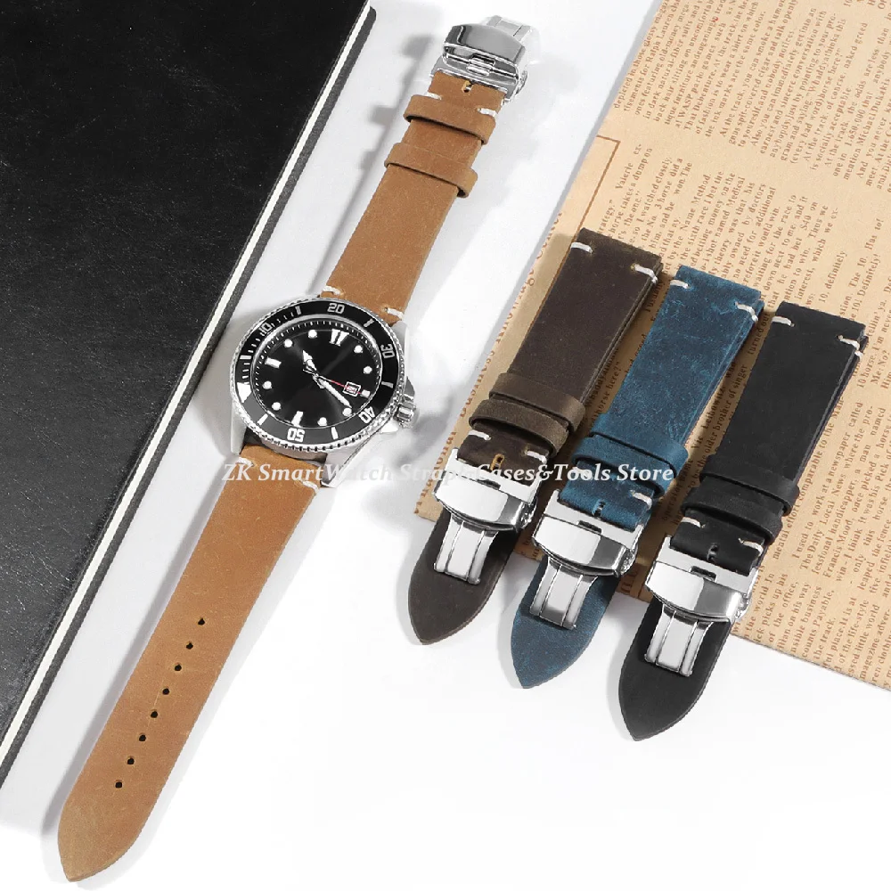 Retro Leather Watch Strap 18mm 20mm 22mm 24mm Watch Band Waterproof Watchdives Bracelet for Men Watch Accessories Wristband Belt