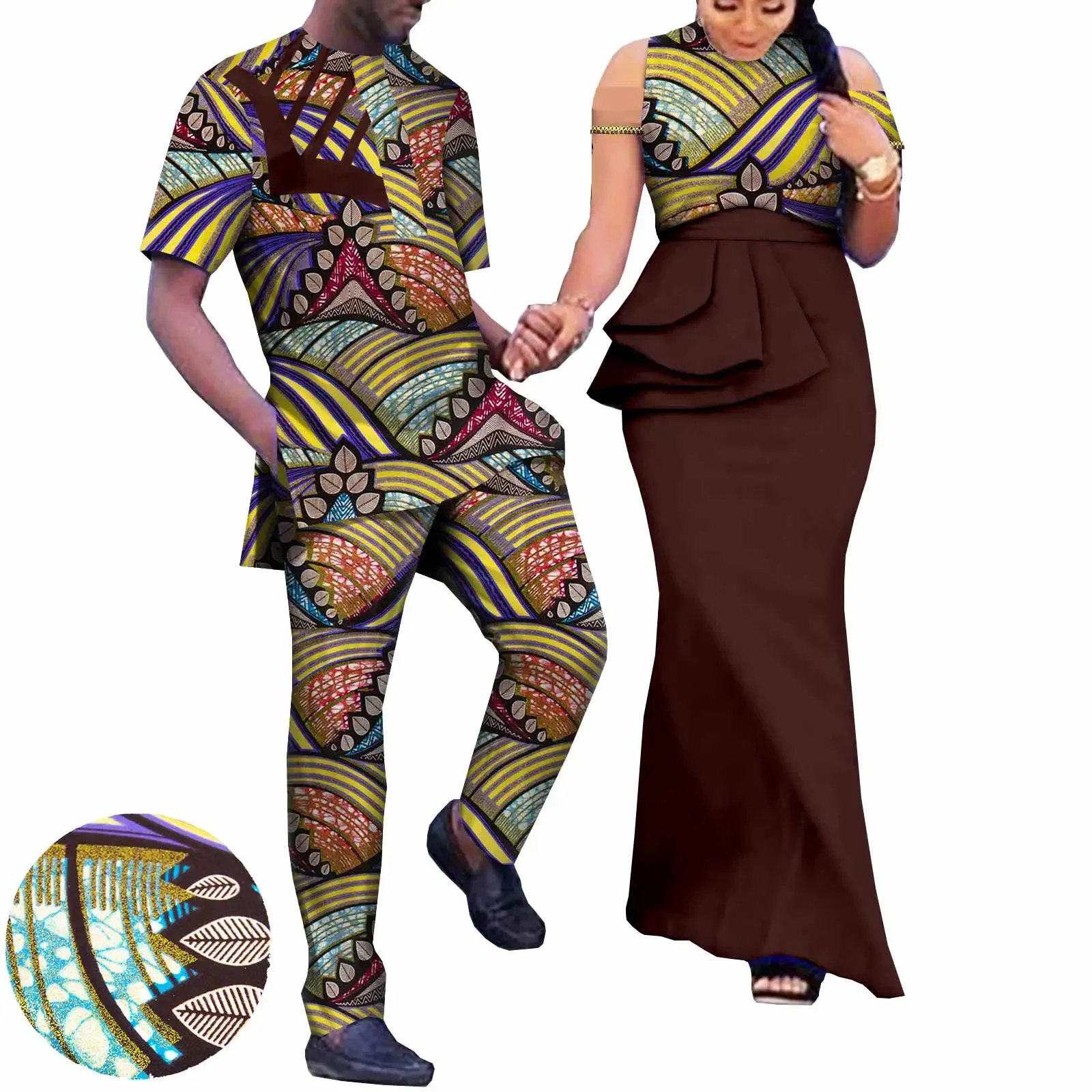 Roupas de casal africano de alta qualidade, vestidos de festa para mulheres, homens, estampa, robe, camisa com calças, conjuntos de roupas de casamento