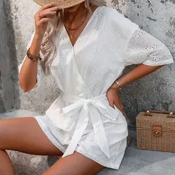 Swim Cover Up Lace White Beach Women Solid V-neck Jumpsuit Five-Point Short Floral See Through Summer Beachwear Pareos Robe 2024