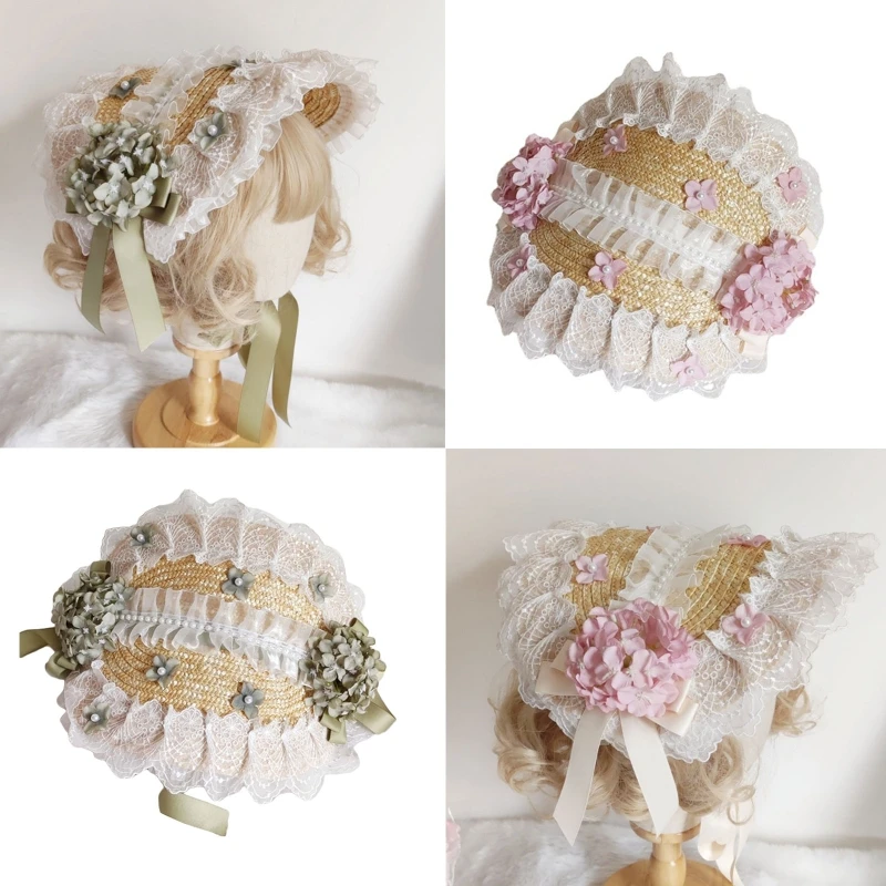 Lolita Headdress Lolita Hat Headpiece Lolita Hair Accessories Flat Top Hat Ruffle Lace Lolita Straw Hat With Strap Ribbon Flower