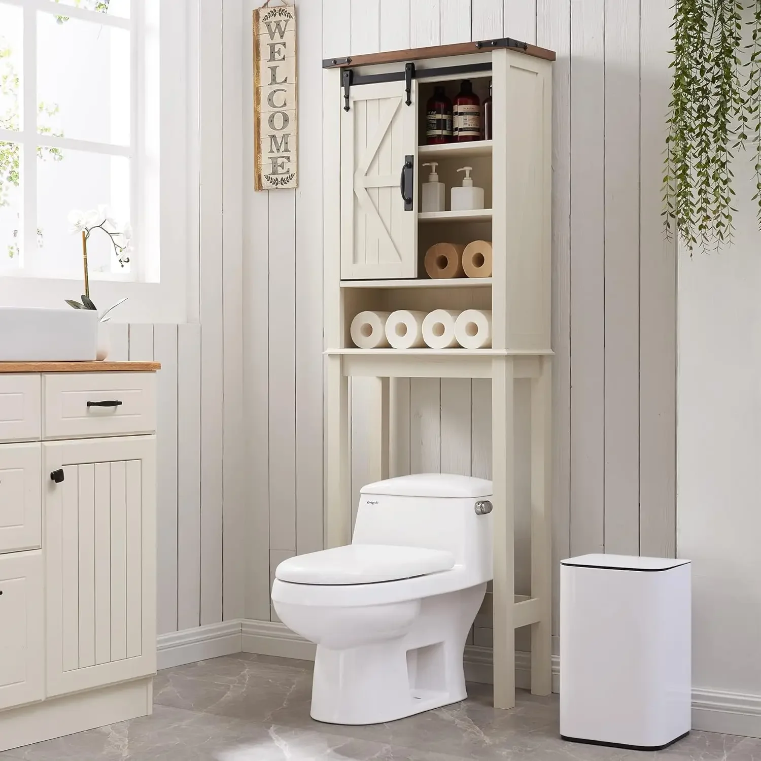 Toilet Storage Cabinet, Farmhouse Storage Cabinet Over Toilet with Sliding Barn Door & Adjustable Shelves,Living Room,White