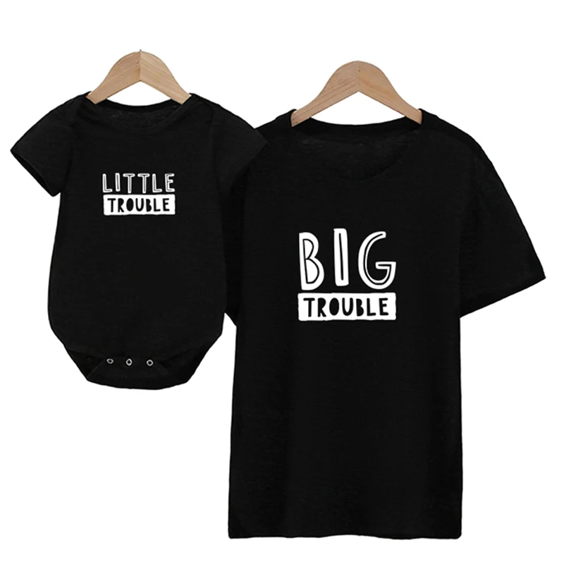 Big Trouble Little  Family Matching Clothes Outfits Cotton Dad Daughter Son T Shirt Mother Baby Girl Boy Romper 