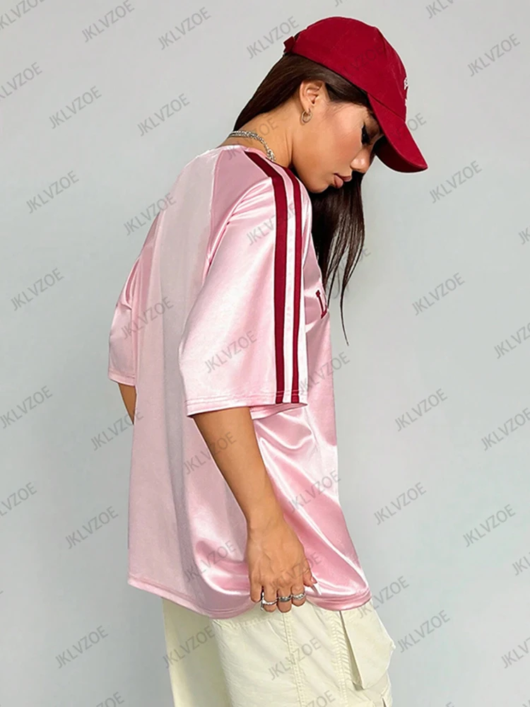 2025 Summer Los Angeles Print T-Shirt For Women Pink Patchwork Short Sleeve Mesh Sports Football Jersey Y2K Loose Oversized Tops