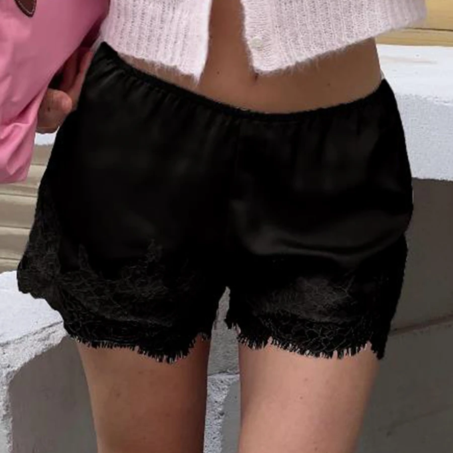 Pantaloncini estivi in raso da donna Pantaloncini da salotto a gamba larga con orlo patchwork in pizzo elastico in vita alla moda Pantaloni da uscire