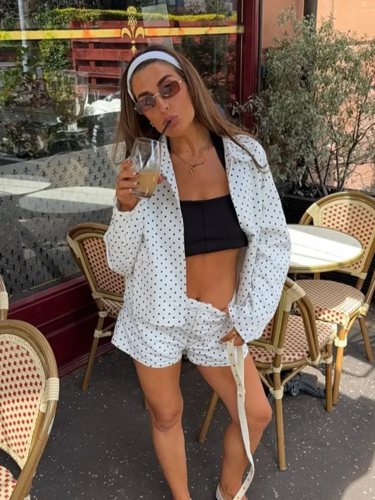 Pantaloncini a pois casual chic da donna Set giacche corte a maniche lunghe monopetto con risvolto Set 2025 Abito da cappotto outwear quotidiano da donna