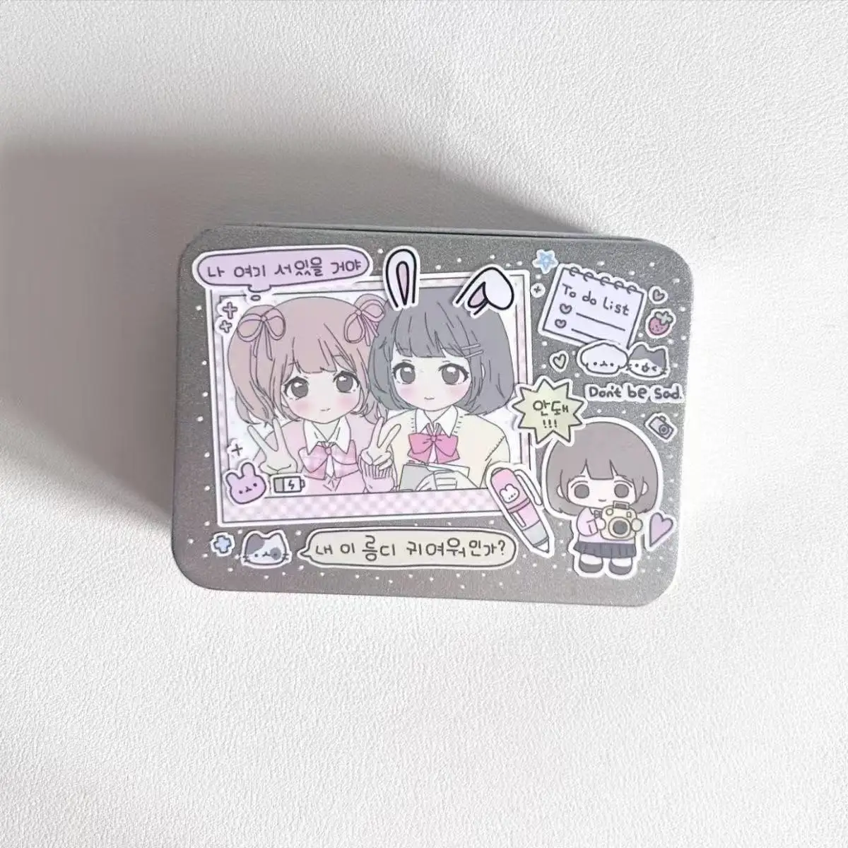 Korean-style Comic Girl Cute Silver Iron Box INS Sticker Small Card Storage Desktop Storage Box Miscellaneous Items Decoration