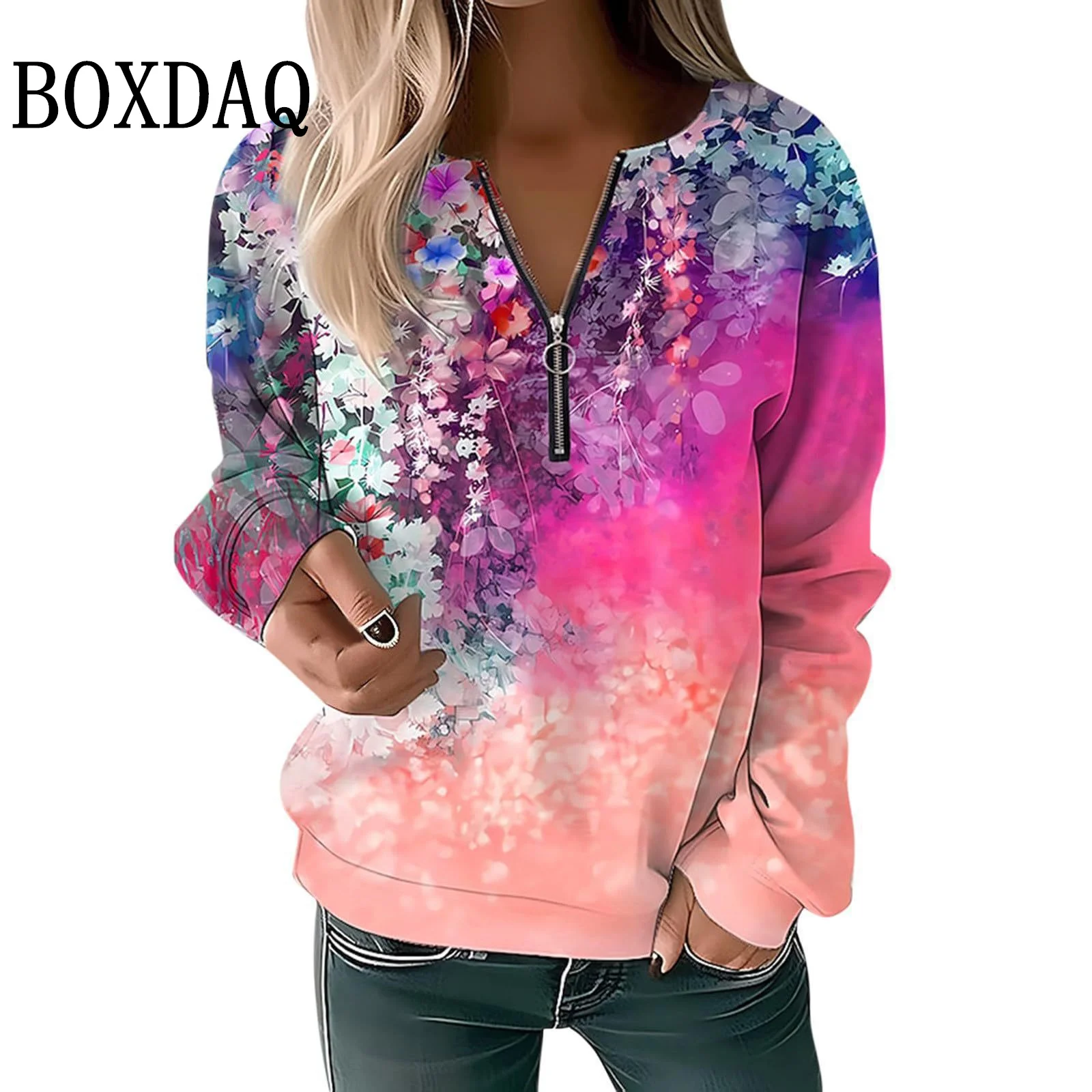 Tie Dye Gradient Flowers 3D Printed Hoodies For Women 2025 Autumn Winter Sweatshirts Long Sleeve V-Neck Zipper Casual Sport Tops