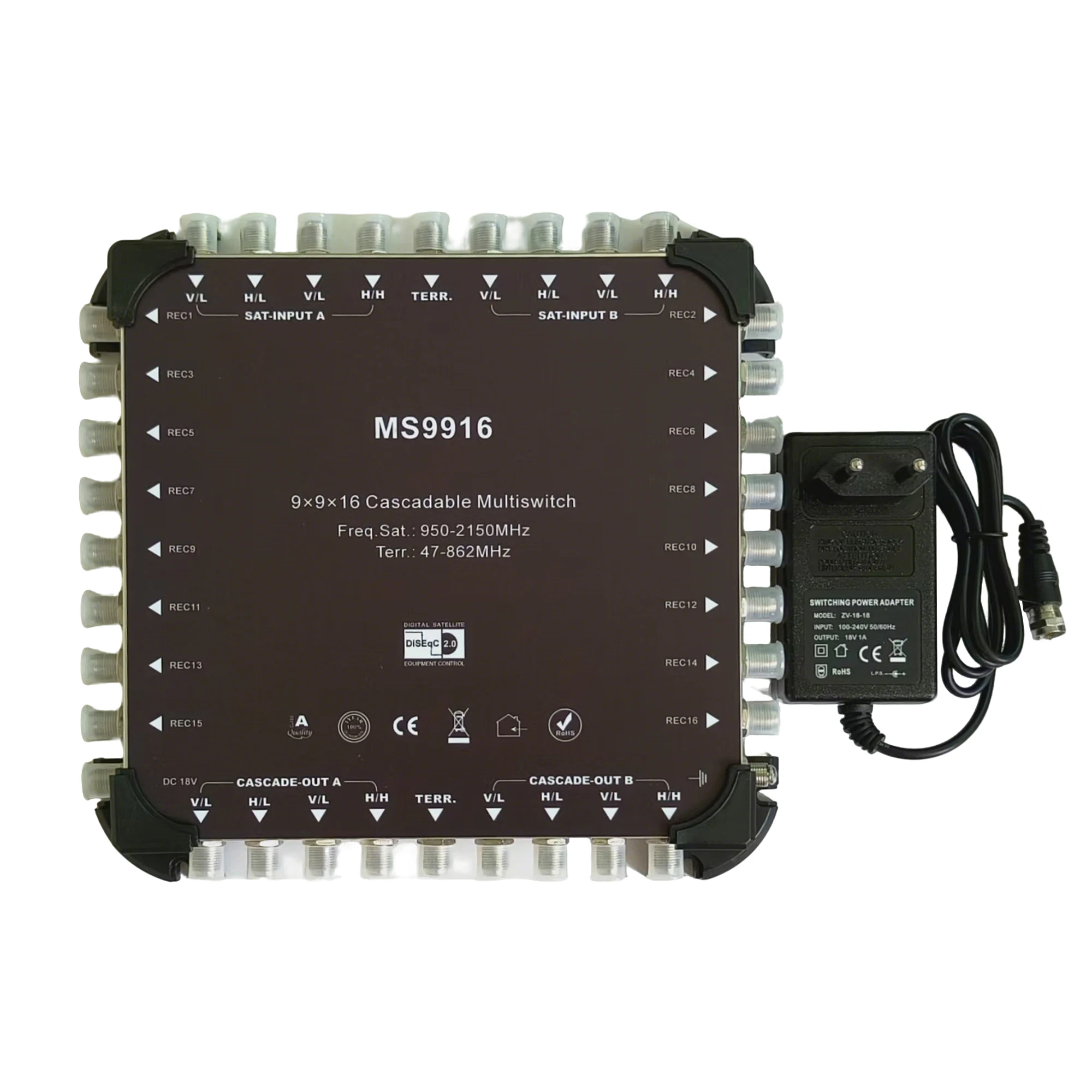 Satellite signal power splitter 9 in 16 out cascade switch 22k diseqc satellite multi switch