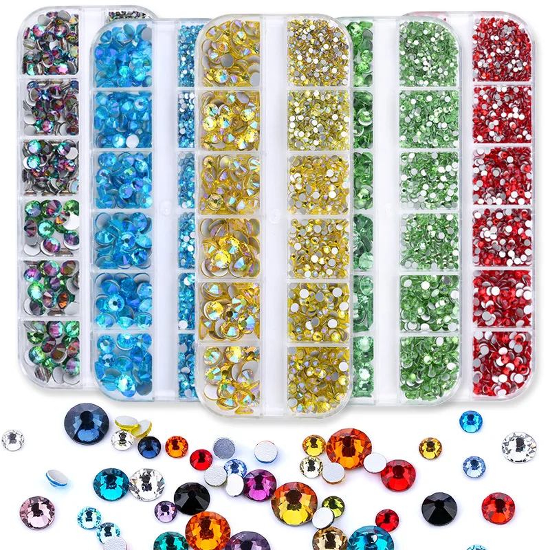2000Pcs Mixed Sizes SS4-SS30 Glass Rhinestones 12 Grid Non-hotfix Crystal Flatback Glitter Stones for Crafts Decoration Nail Art