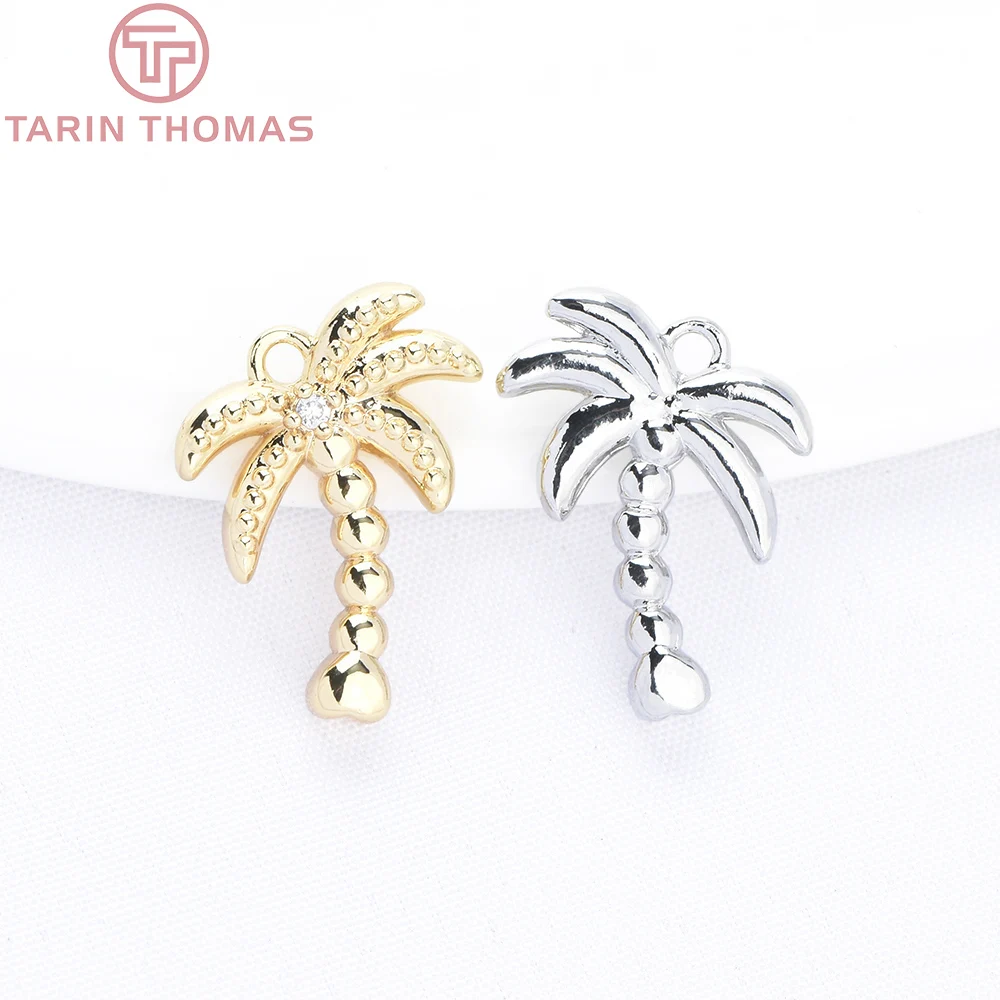 (9676) 4PCS 12x15MM 24K Gold Color Brass with Zircon Coconut Tree Pendants Hight Quality DIY Jewelry Making Findings Accessories