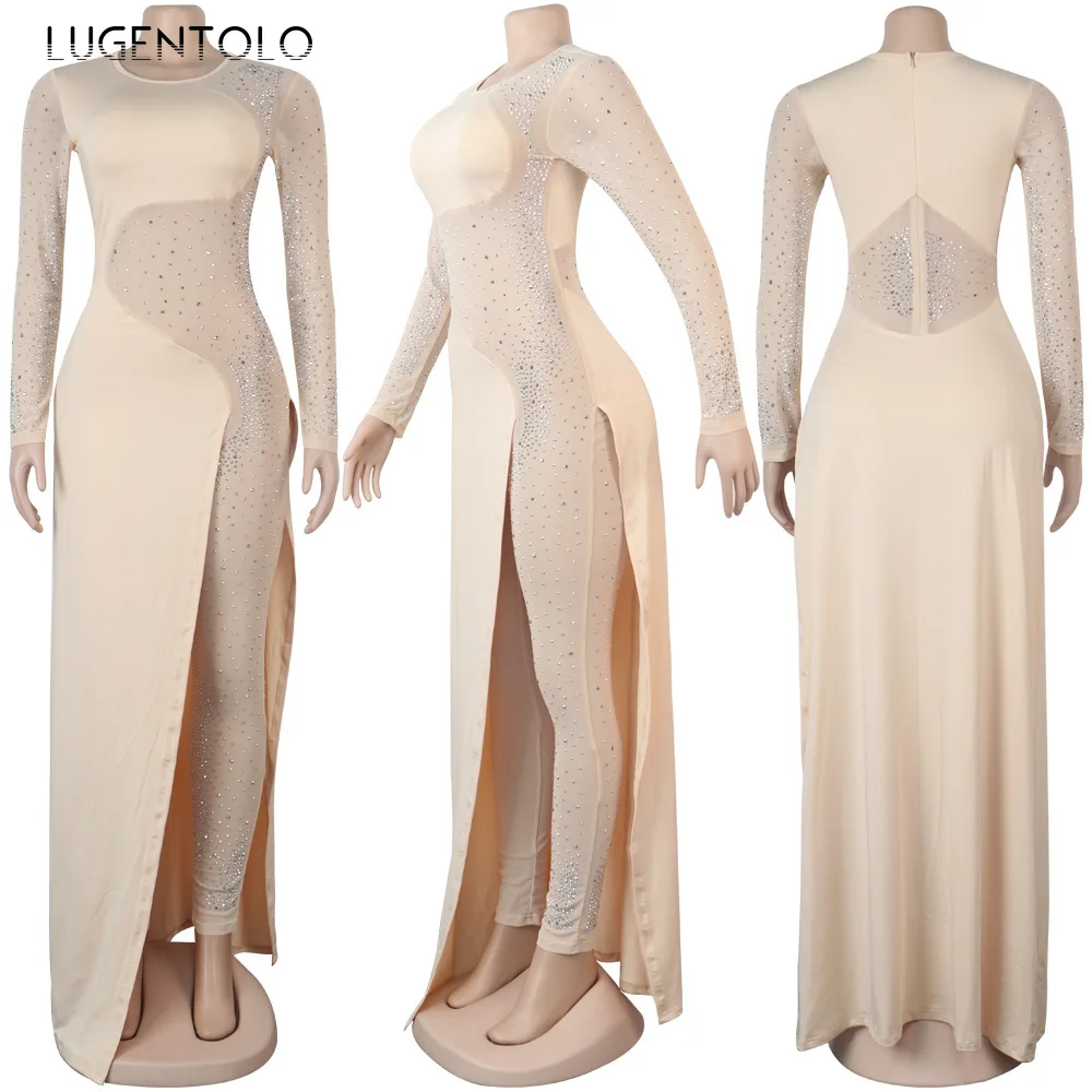 Luksusowy damski kombinezon z długim rękawem przezroczysta siateczka Patchwork Skinny Night Party Club Romper urodziny seksowne kombinezony z kryształkami