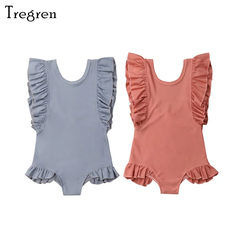 

Tregren Kids Girls Swimsuit Summer Solid Color Ruffle Sleeve Swimwear Beach Pool Bathing Suit Beachwear For Children 1-6Years