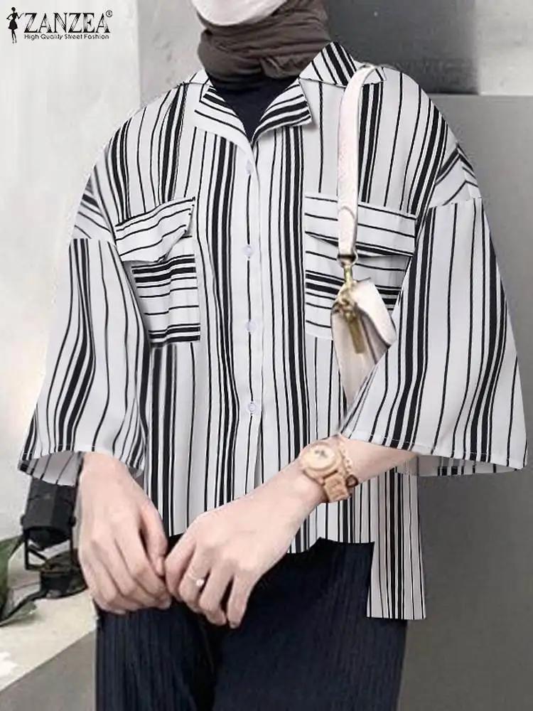 

Summer Striped Muslim Tops ZANZEA Vintage Women Lapel Neck 3/4 Sleeve Blouse Fashion Loose Casual Work Shirt Abaya Blusas Mujer