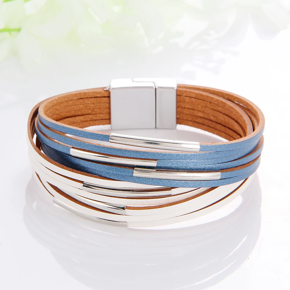 WYBU Multilayer Leather Women\'s Bracelet Metal Copper Tube Leather Wound Magnet Buckle Bracelet Exquisite Color Matching Jewelry