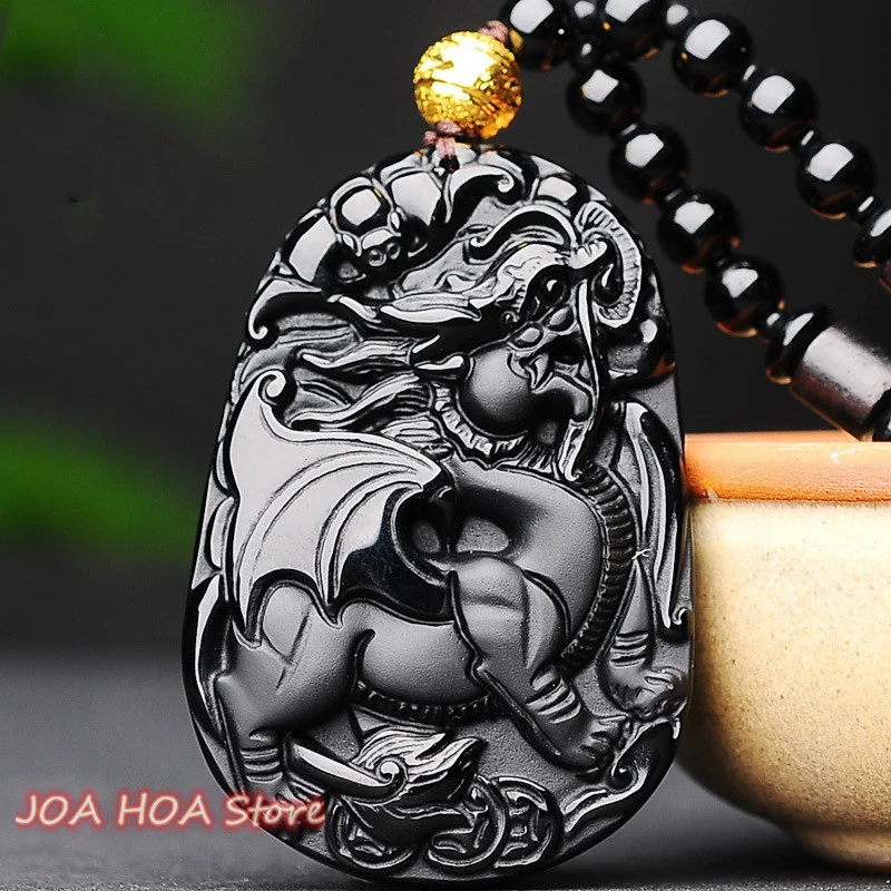 Bead Chain Real Natural Obsidian Hand-carved Flying Pixiu Pendant Crystal Necklace Men's Women's FENGSHUI Hewelry Fine Jewelry