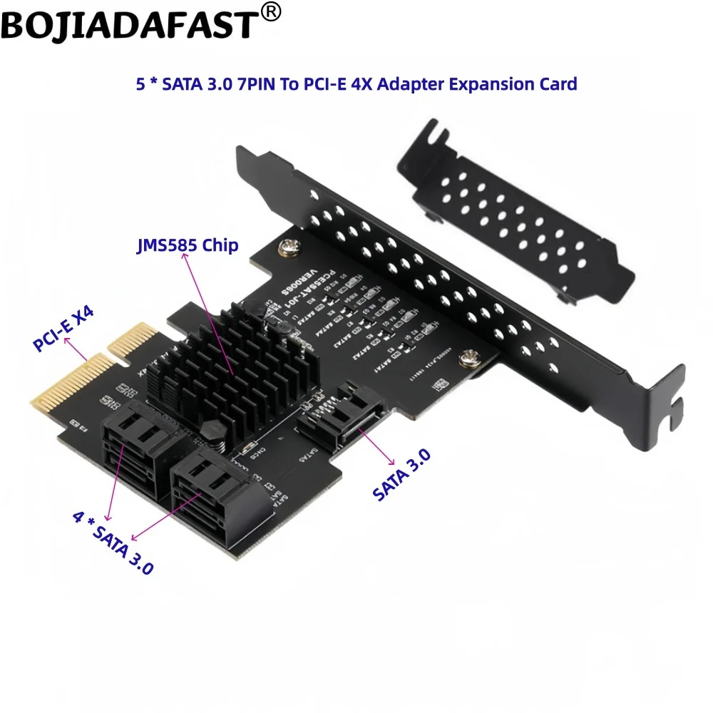 5 Ports SATA 3.0 7Pin Connector to PCI Express X4 PCI-E 4X Adapter Expansion Card 6Gbps JMS585 for Hard Disk Drive